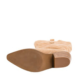 Corky's City Slicker sand faux suede boot showing bottom sole and stacked heel