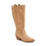 Corky's City Slicker knee-high western cowboy boot in sand faux suede with stacked heel