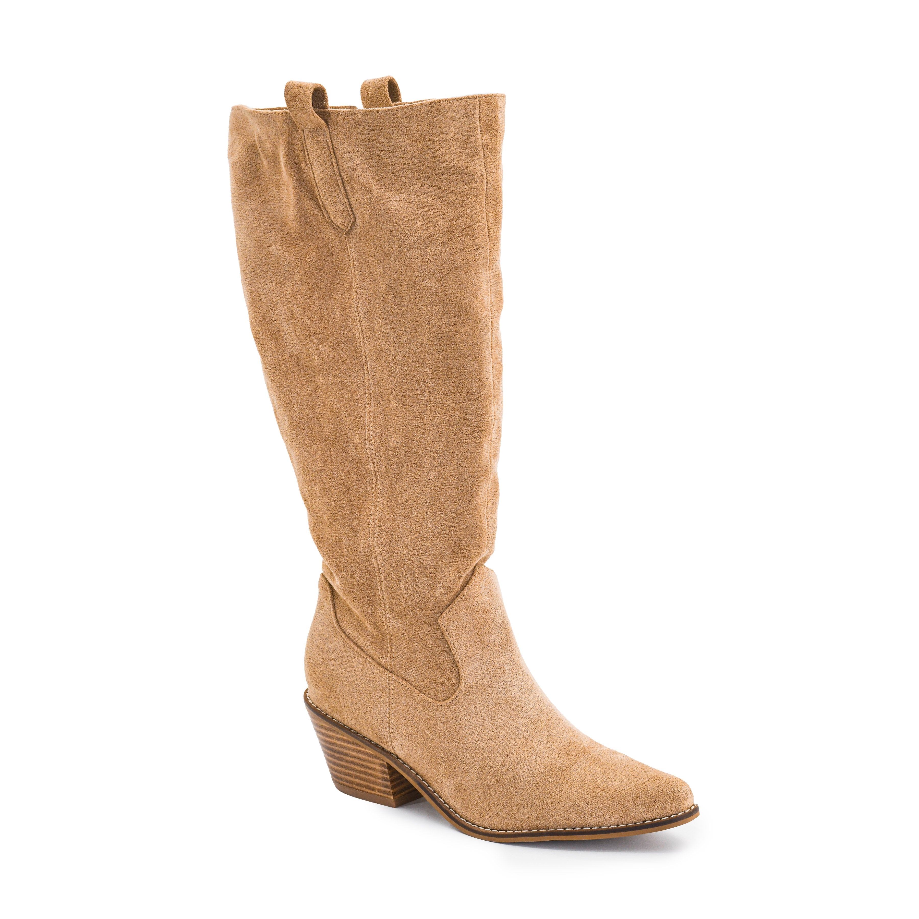 Corky's City Slicker knee-high western cowboy boot in sand faux suede with stacked heel