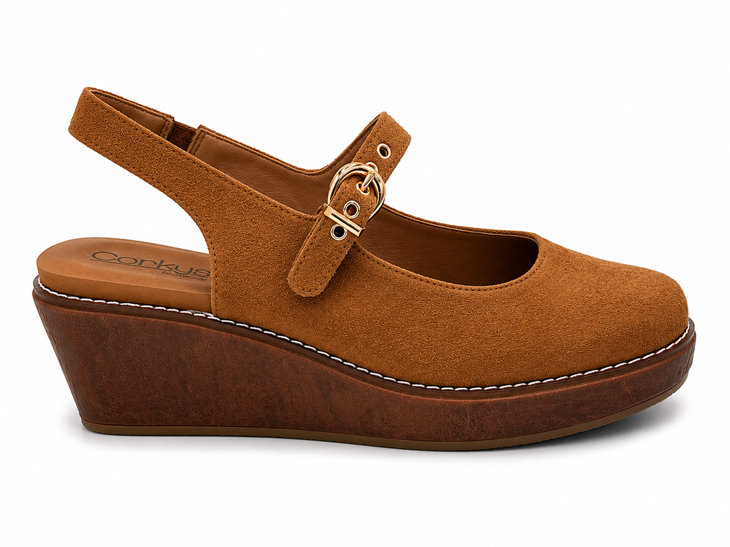 Corky's Pity Party chestnut faux suede wedge slingback with gold buckle detail