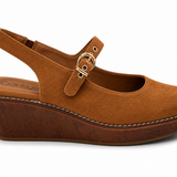 Corky's Pity Party chestnut faux suede wedge slingback with gold buckle detail