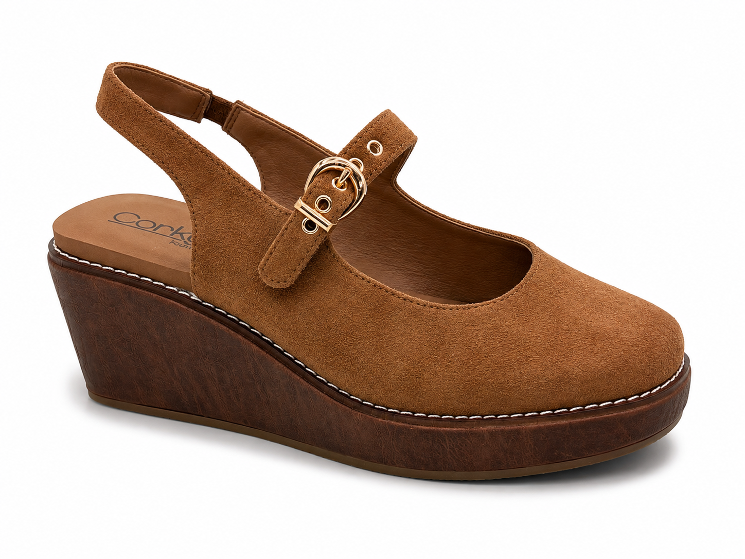 Corky's Pity Party chestnut faux suede Mary Jane slingback wedge sandal with gold buckle