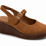 Corky's Pity Party chestnut faux suede Mary Jane slingback wedge sandal with gold buckle