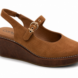 Corky's Pity Party chestnut faux suede Mary Jane slingback wedge sandal with gold buckle