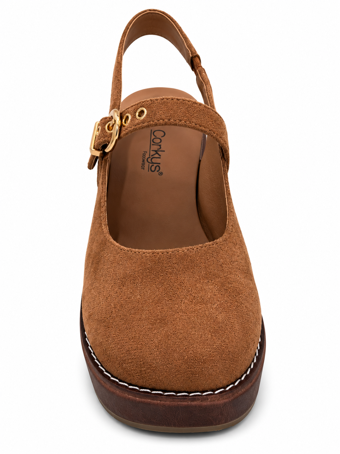 Corky's Pity Party chestnut faux suede slingback clog with gold buckle detail