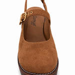 Corky's Pity Party chestnut faux suede slingback clog with gold buckle detail