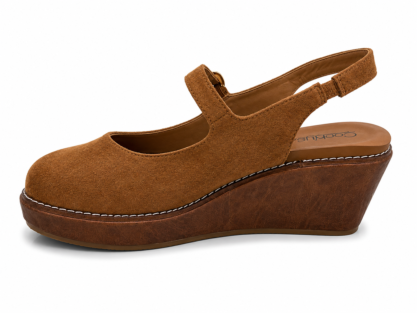 Corky's Pity Party chestnut faux suede Mary Jane slingback wedge shoe, side view