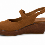 Corky's Pity Party chestnut faux suede Mary Jane slingback wedge shoe, side view