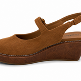 Corky's Pity Party chestnut faux suede Mary Jane slingback wedge shoe, side view
