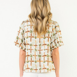 THML Contrast Collar Puff Sleeve Print V Neck Top at ooh la la! in Grapevine TX 76051