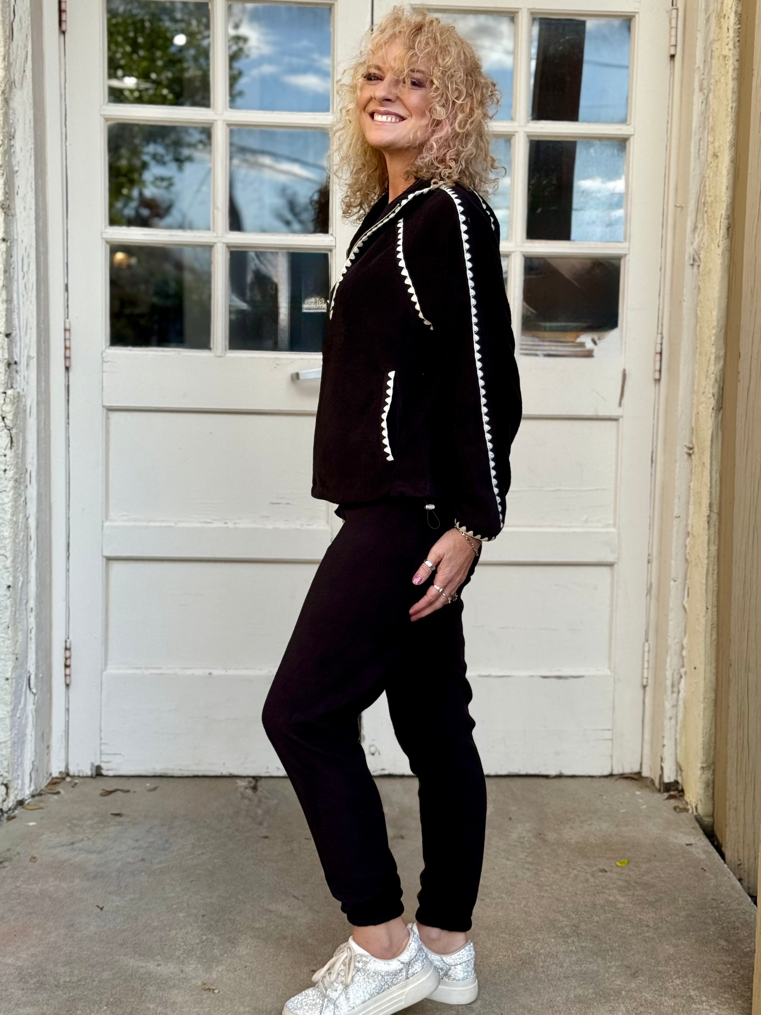 Trimmed Plush Jogger Set in black at ooh la la! in Grapevine TX 76051