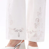 Art Deco jeans, embroidered straight leg jeans, mid rise white jeans, vintage style denim, women's designer jeans, luxury cotton denim, white embroidered trousers. at ooh la la! in Grapevine TX 76051