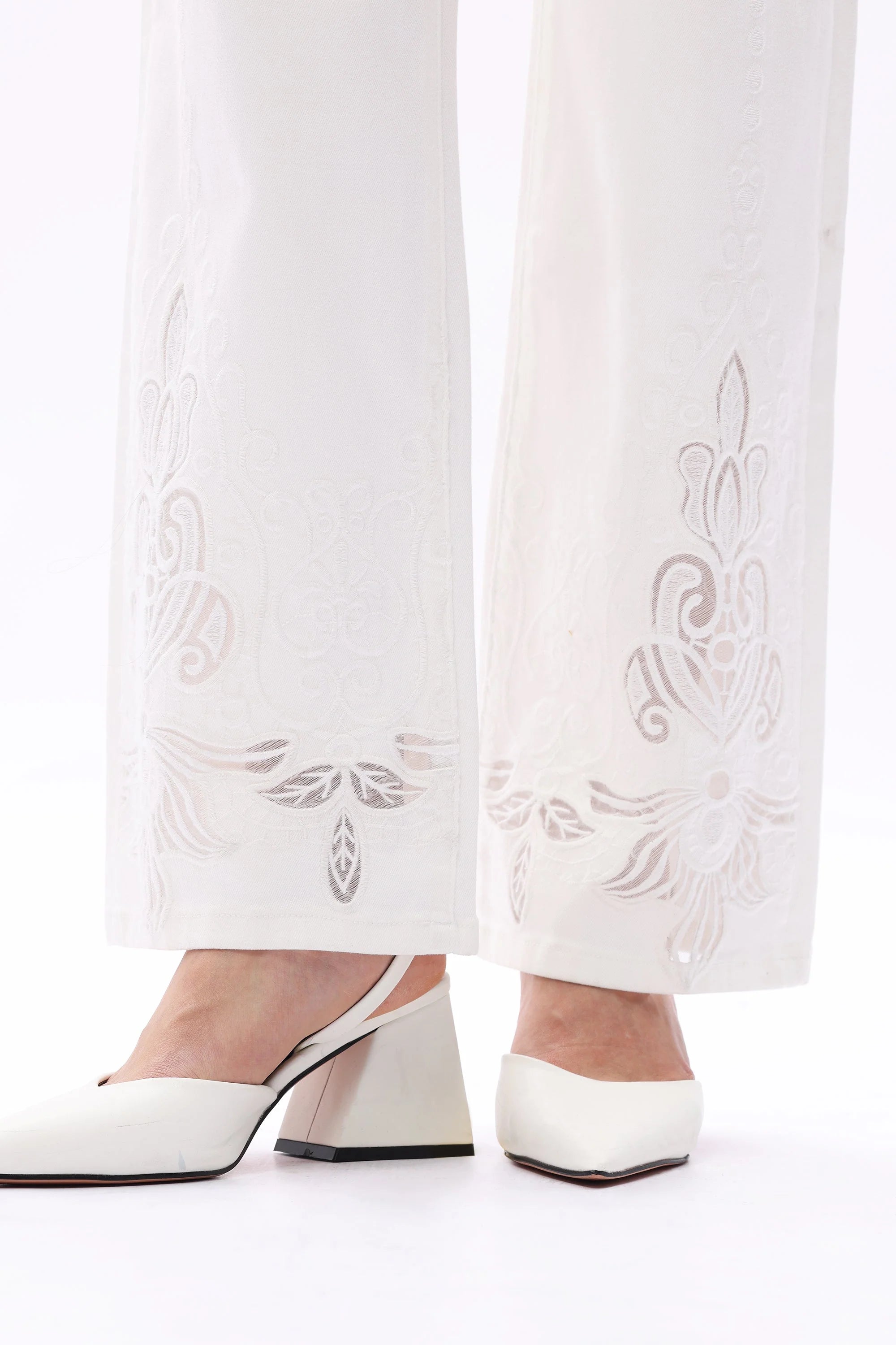 Art Deco jeans, embroidered straight leg jeans, mid rise white jeans, vintage style denim, women's designer jeans, luxury cotton denim, white embroidered trousers. at ooh la la! in Grapevine TX 76051