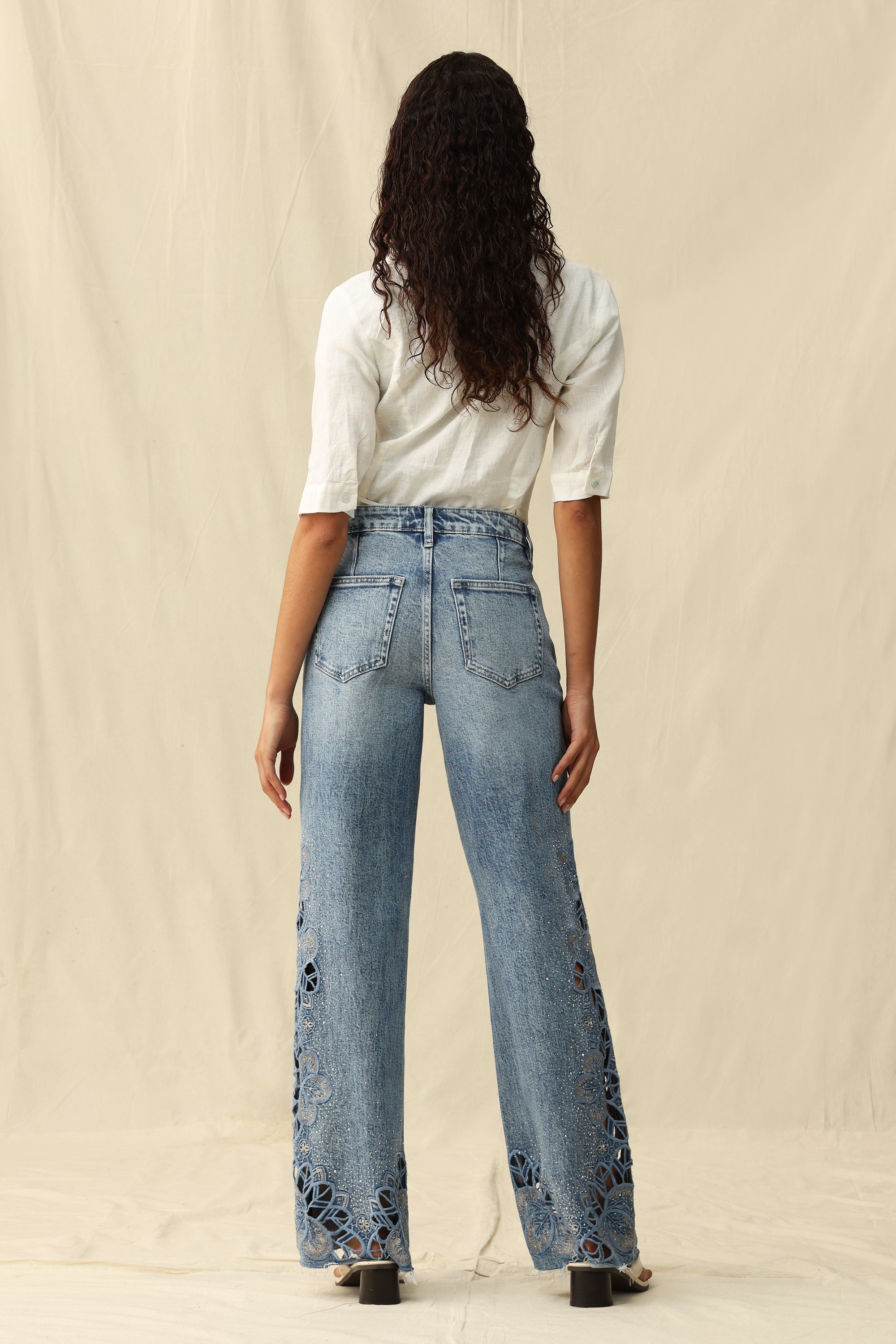 Falling Leaves Crystallized Cutouts Mid Rise Wide Leg Statement Jeans at ooh la la! in Grapevine TX 76051