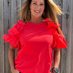Red Ruffle sleeve tee, women's tiered sleeve top, flutter sleeve blouse, Zenara fashion, elbow length ruffle top, feminine casual wear, elegant knit tee, boutique ruffle top. at ooh la la! in Grapevine TX 76051