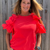 Red Ruffle sleeve tee, women's tiered sleeve top, flutter sleeve blouse, Zenara fashion, elbow length ruffle top, feminine casual wear, elegant knit tee, boutique ruffle top. at ooh la la! in Grapevine TX 76051