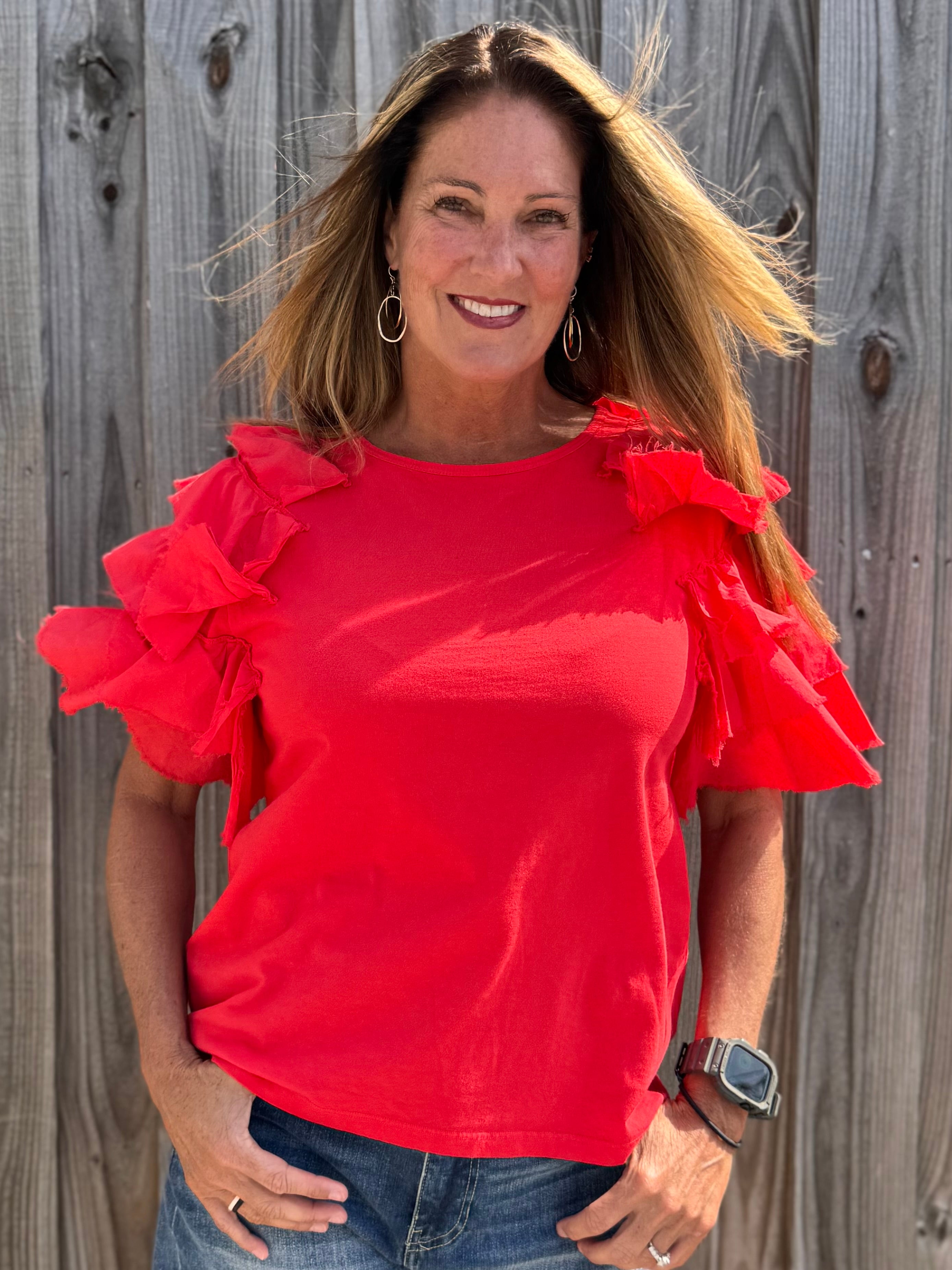 Red Ruffle sleeve tee, women's tiered sleeve top, flutter sleeve blouse, Zenara fashion, elbow length ruffle top, feminine casual wear, elegant knit tee, boutique ruffle top. at ooh la la! in Grapevine TX 76051