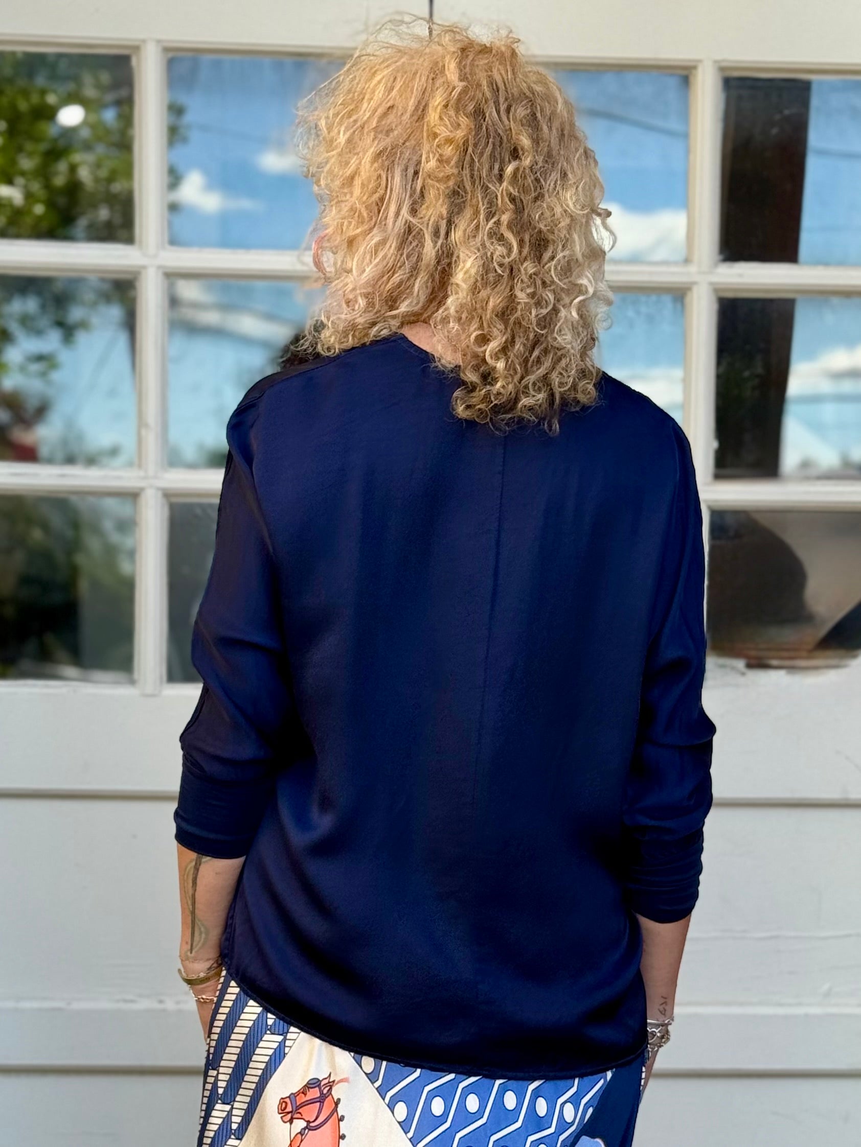 Satin Long Sleeve V-Neck Blouse In navy at ooh la la! In Grapevine TX 76051