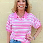 Pink Striped Polo Top, Pink Knit Shirt, Women's Polo Sweater, Short Sleeve Knit, Preppy Fashion, Relaxed Fit Top, Striped Knitwear, Casual Chic, Retro Polo at ooh la la! in Grapevine TX 76051