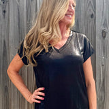 Molly Bracken Metallic V-Neck knit top in black at ooh la la! in Grapevine TX 76051