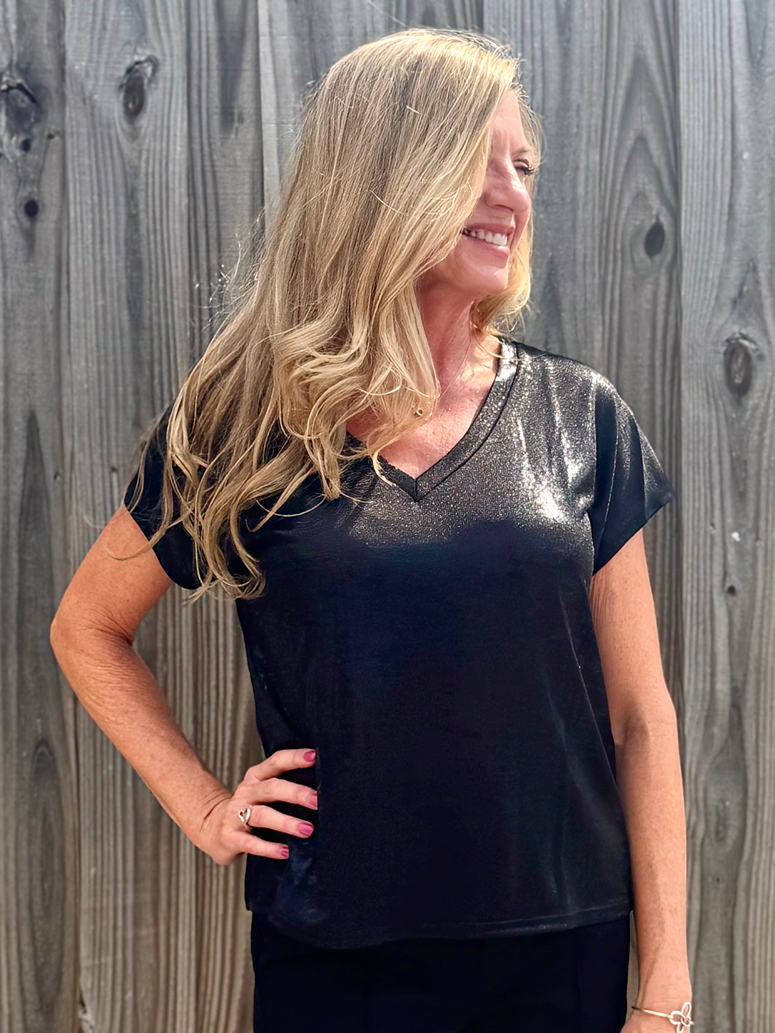 Molly Bracken Metallic V-Neck knit top in black at ooh la la! in Grapevine TX 76051