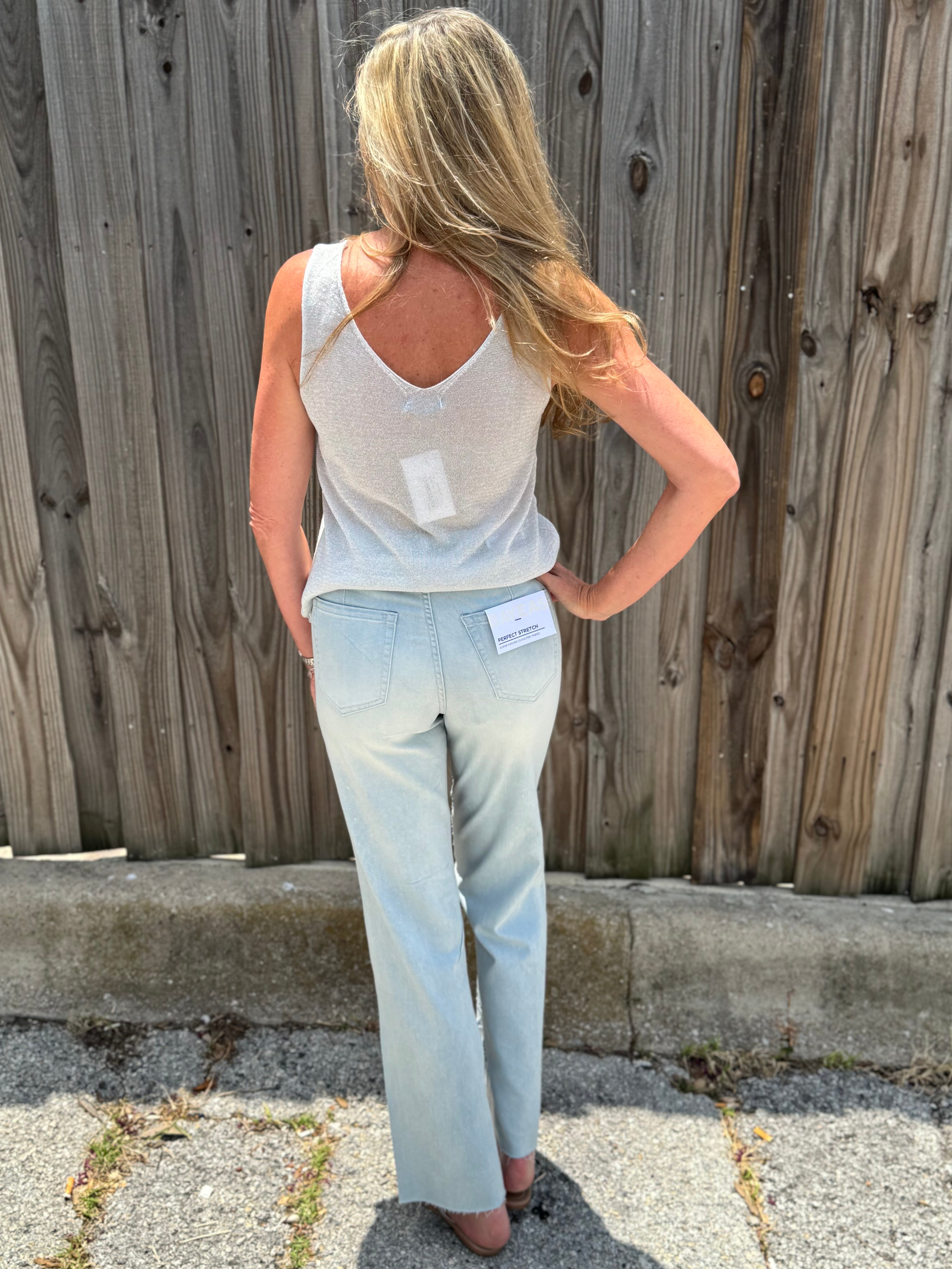 High Rise Lace Front Straight Leg Jeans in light blue at ooh la la! in Grapevine TX 76051