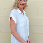 White oversized blouse, sleeveless button down, women's gauze shirt, relaxed fit summer top, drop shoulder blouse, breathable white shirt, chic sleeveless blouse. at ooh la la! in Grapevine TX 76051