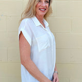 White oversized blouse, sleeveless button down, women's gauze shirt, relaxed fit summer top, drop shoulder blouse, breathable white shirt, chic sleeveless blouse. at ooh la la! in Grapevine TX 76051