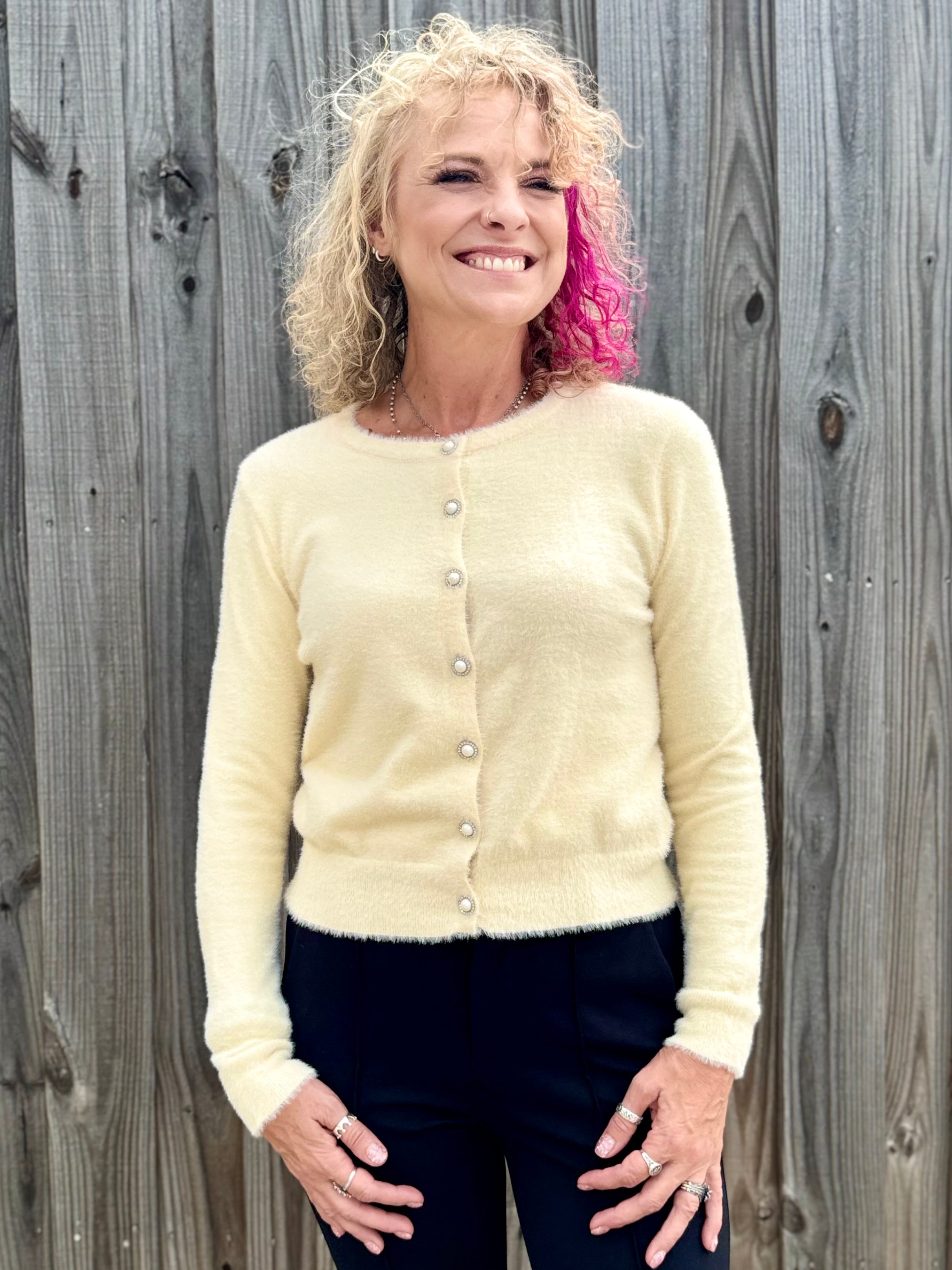 Molly Bracken Pearl Button Cardigan in off white at ooh la la! in Grapevine TX 76051