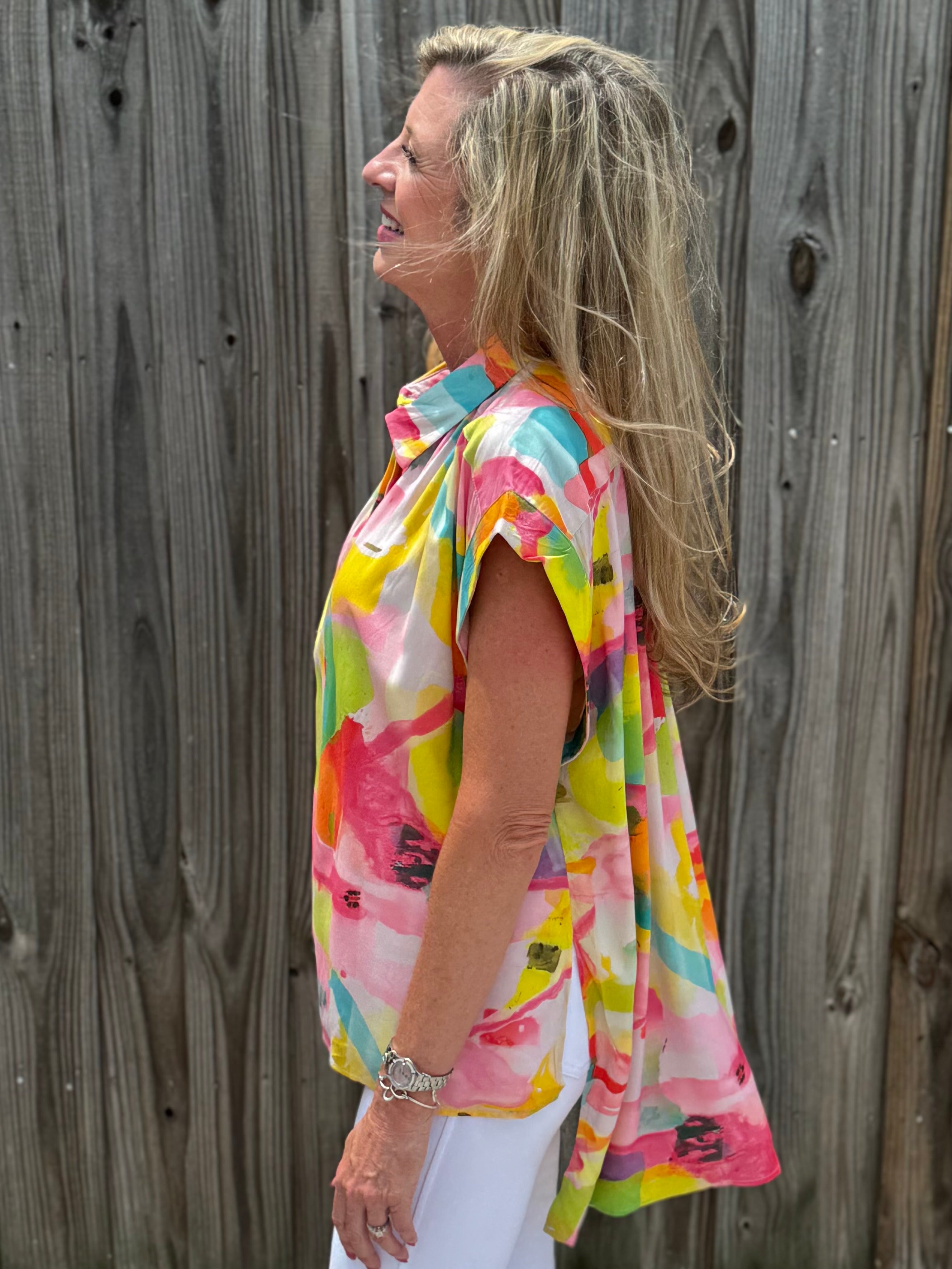 Flamingo Abstract Cap Slv Hi Lo Top at ooh la la! in Grapevine TX 76051
