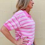 Pink Striped Polo Top, Pink Knit Shirt, Women's Polo Sweater, Short Sleeve Knit, Preppy Fashion, Relaxed Fit Top, Striped Knitwear, Casual Chic, Retro Polo at ooh la la! in Grapevine TX 76051