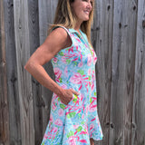 Ana Clare, Jackie Swing Dress, SPF 50 sport dress, golf dress with pockets, tennis dress with flounce, sun protection apparel, sleeveless athletic dress, women's performance dress, tropical resort wear. at ooh la la! in Grapevine TX 76051