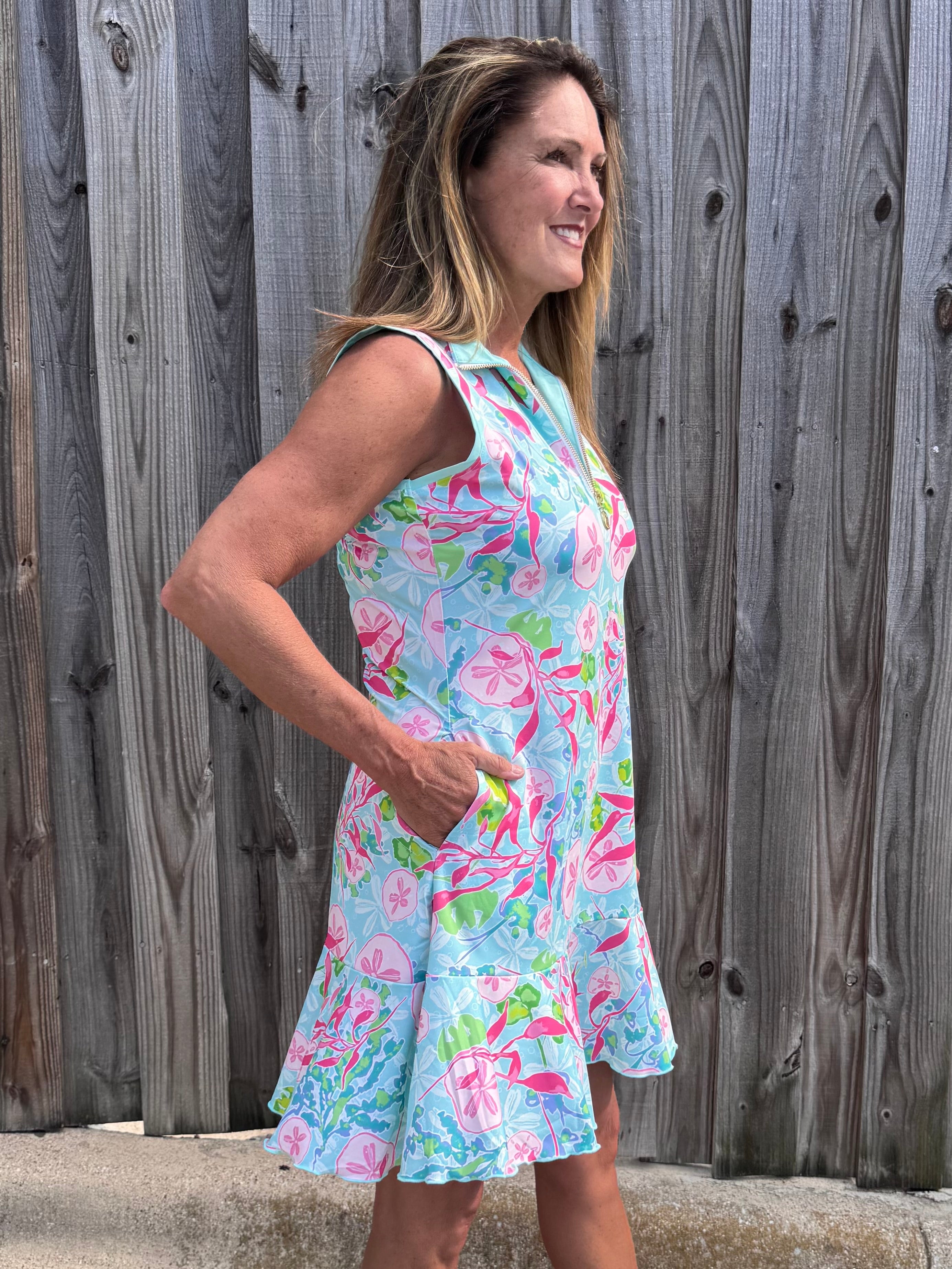 Ana Clare, Jackie Swing Dress, SPF 50 sport dress, golf dress with pockets, tennis dress with flounce, sun protection apparel, sleeveless athletic dress, women's performance dress, tropical resort wear. at ooh la la! in Grapevine TX 76051