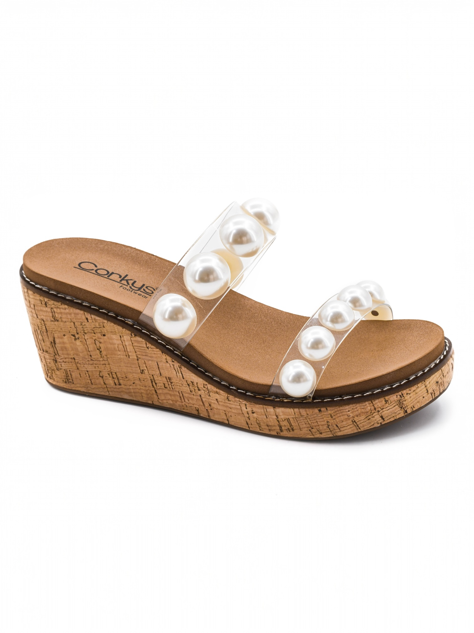 Corky Wedge, Pearl Studded Wedge, Espadrille-Style Wedge, Summer Sandals, Transparent Strap Wedge, Versatile Footwear at ooh la la! in Grapevine TX 76051