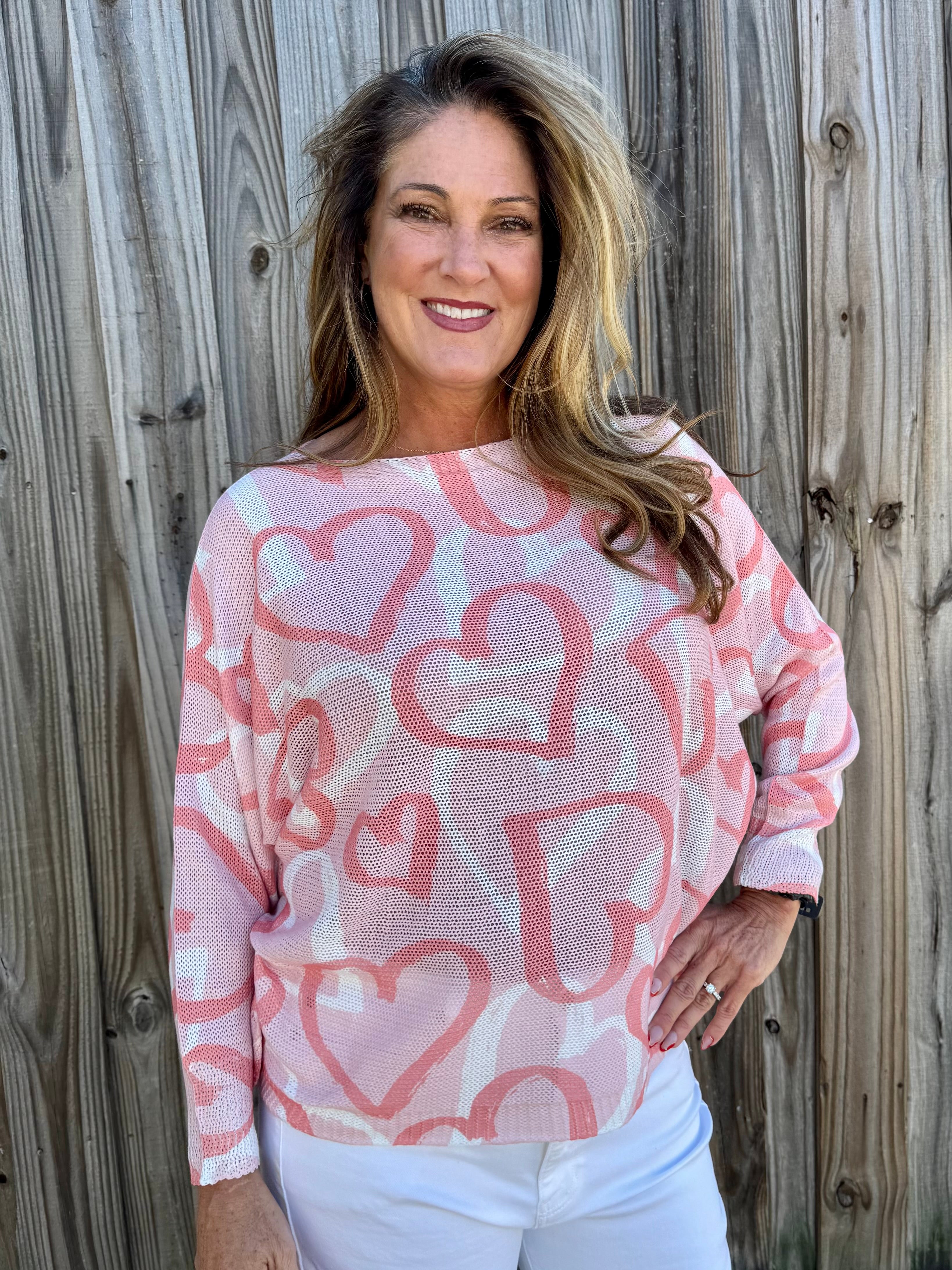 Soft Pink Hearts Batwing Sweater at ooh la la! in Grapevine TX 76051