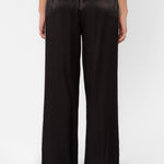 Back view of black satin wide-leg pants with elastic waist and side stripe detail