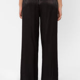 Back view of black satin wide-leg pants with elastic waist and side stripe detail