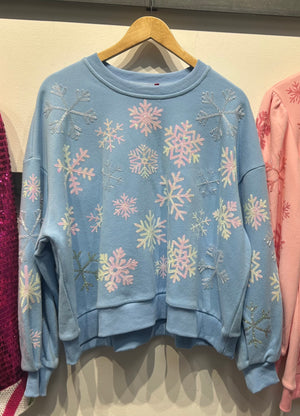 Queen of Sparkles Light Blue Iridescent Snowflakes Sweatshirt at ooh la la! in Grapevine TX 76051