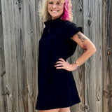 Molly Bracken Corduroy Ruffle Sleeve Shirt Dress in black at ooh la la! in Grapevine TX 76051