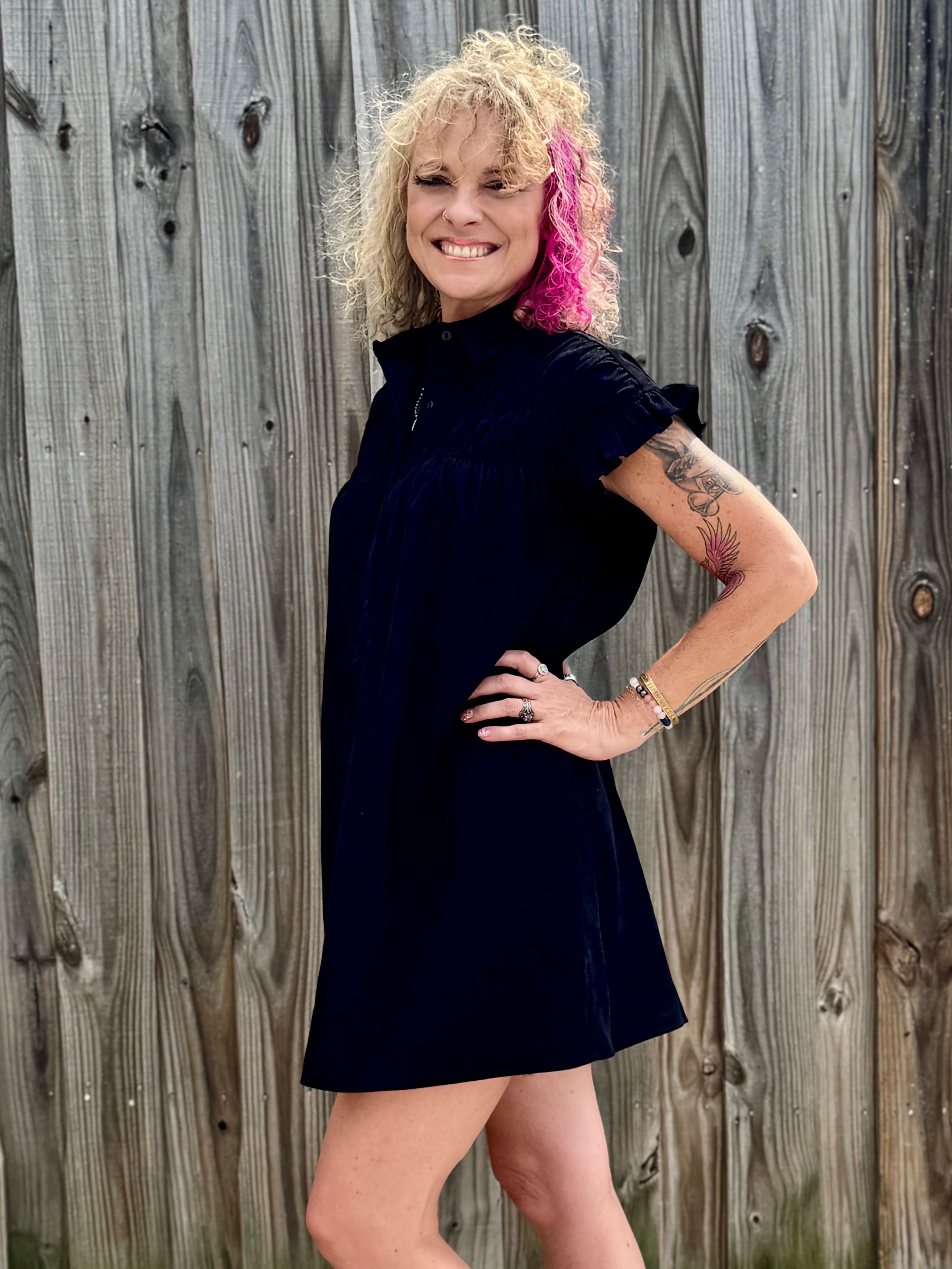 Molly Bracken Corduroy Ruffle Sleeve Shirt Dress in black at ooh la la! in Grapevine TX 76051