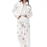 Pearl-Embellished Petal Cutout Straight Leg Jeans