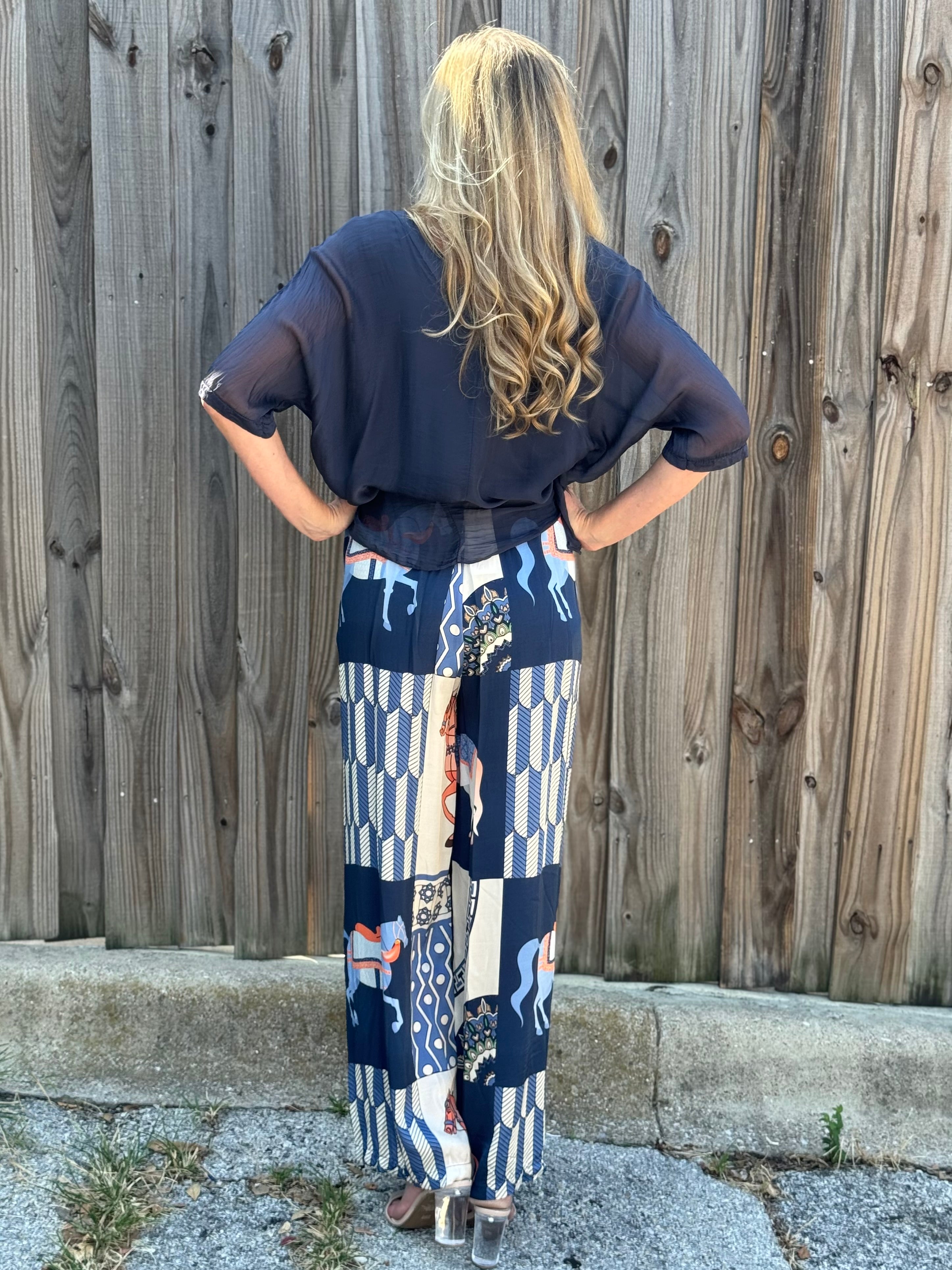 Made in Italy Satin Horse Print Pants in navy at ooh la la! in Grapevine TX 76051