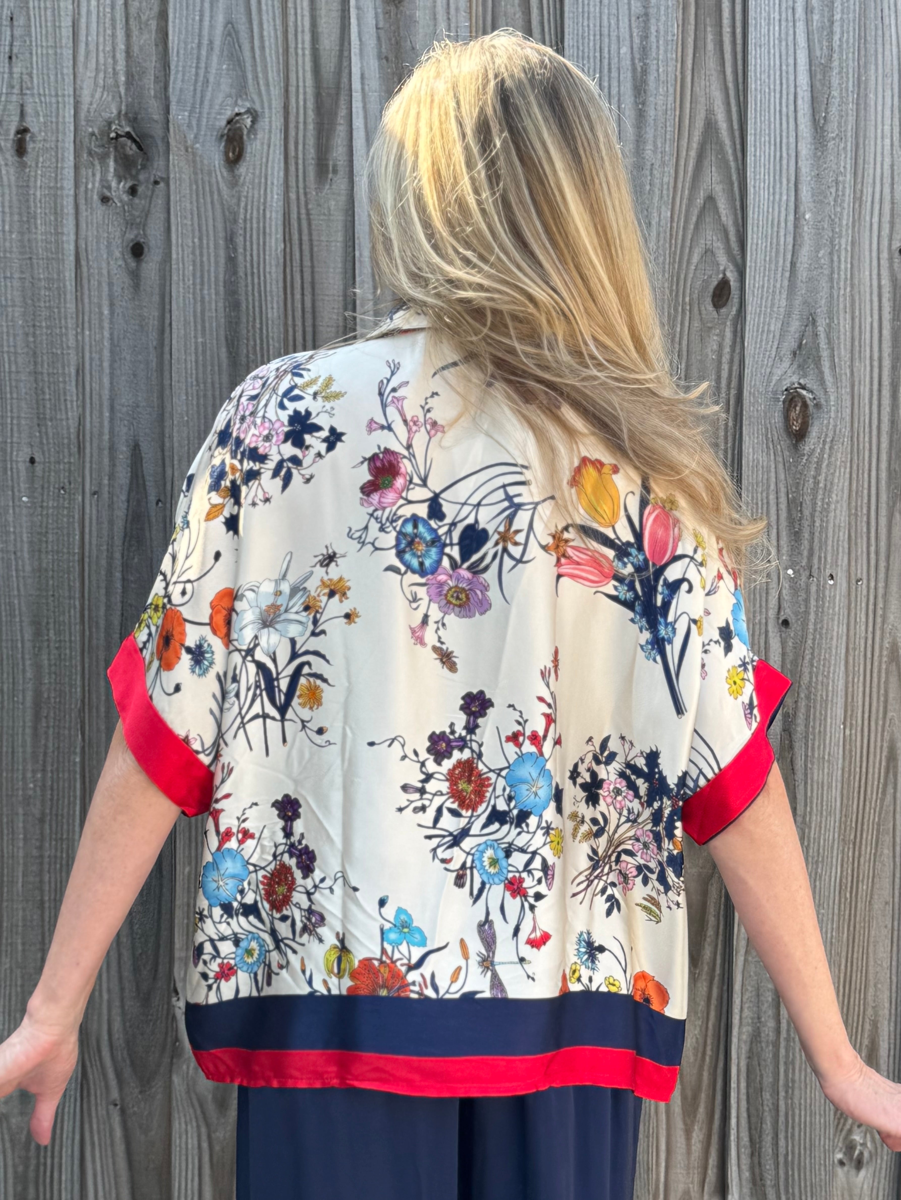 Made in Italy Satin Floral Pullover Blouse in navy at ooh la la! in Grapevine TX 76051