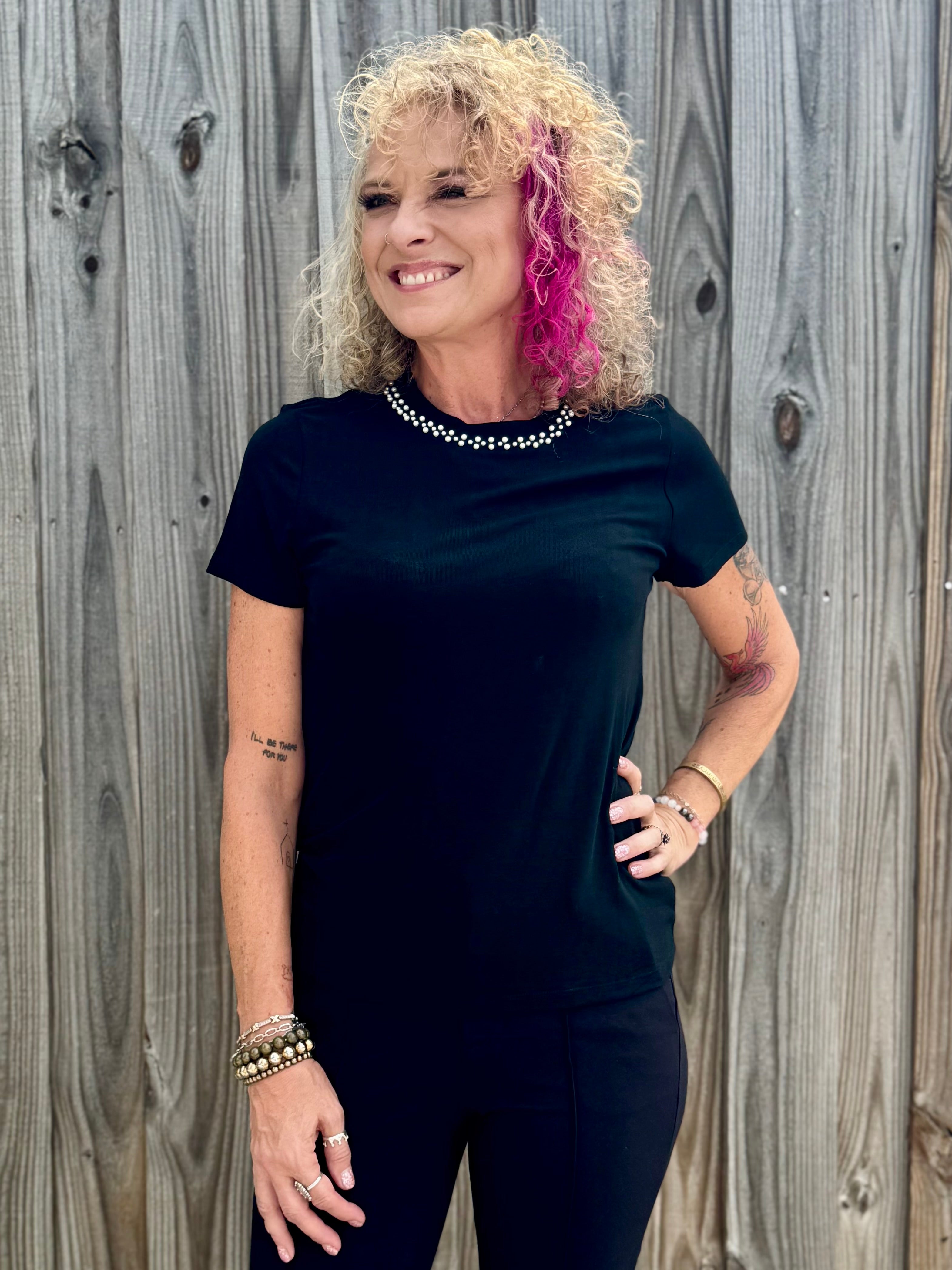 Molly Bracken Pearl Trim knit sweater top in black at ooh la la! in Grapevine TX 76051