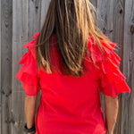 Red Ruffle sleeve tee, women's tiered sleeve top, flutter sleeve blouse, Zenara fashion, elbow length ruffle top, feminine casual wear, elegant knit tee, boutique ruffle top. at ooh la la! in Grapevine TX 76051