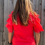 Red Ruffle sleeve tee, women's tiered sleeve top, flutter sleeve blouse, Zenara fashion, elbow length ruffle top, feminine casual wear, elegant knit tee, boutique ruffle top. at ooh la la! in Grapevine TX 76051