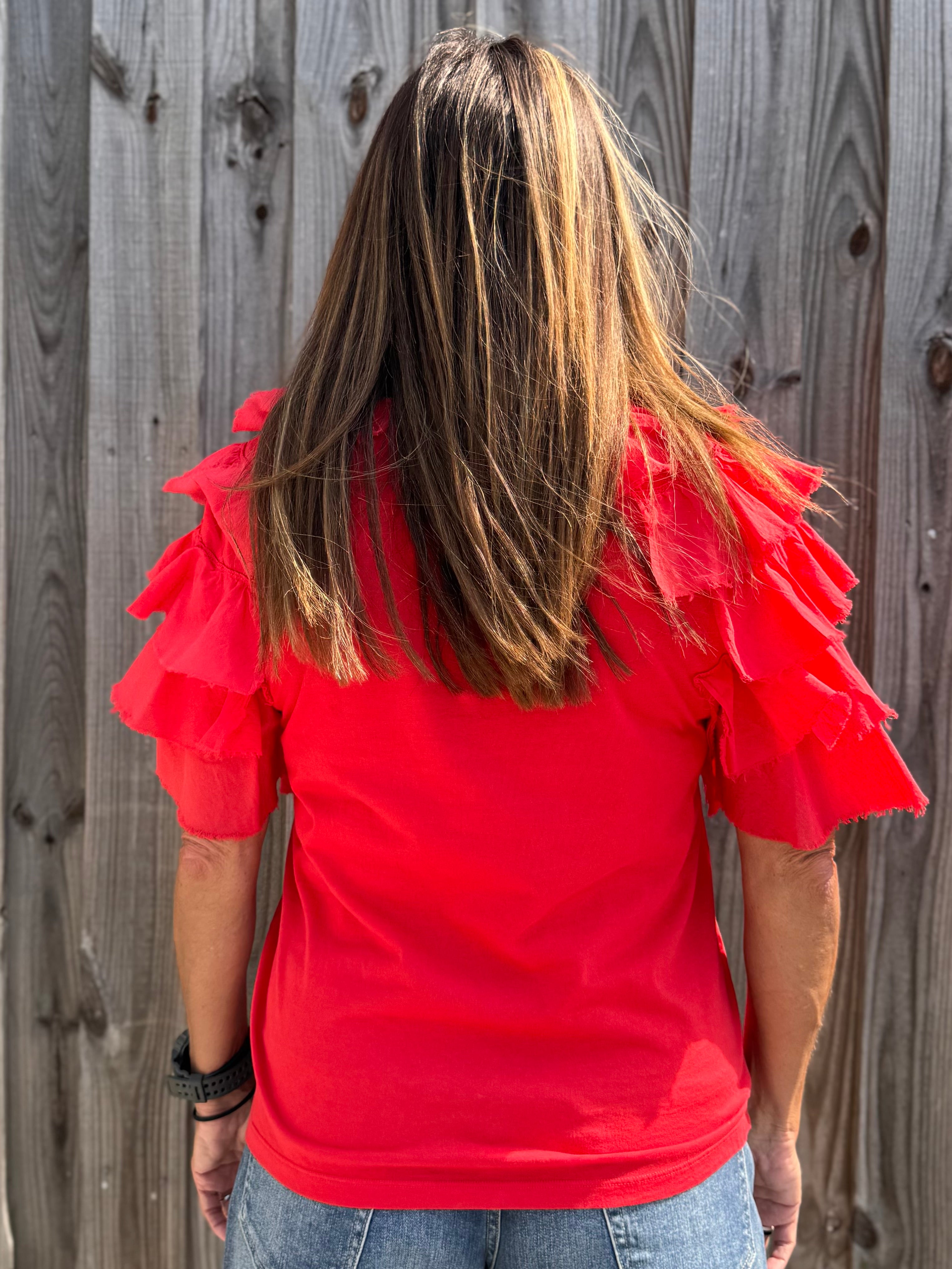 Red Ruffle sleeve tee, women's tiered sleeve top, flutter sleeve blouse, Zenara fashion, elbow length ruffle top, feminine casual wear, elegant knit tee, boutique ruffle top. at ooh la la! in Grapevine TX 76051