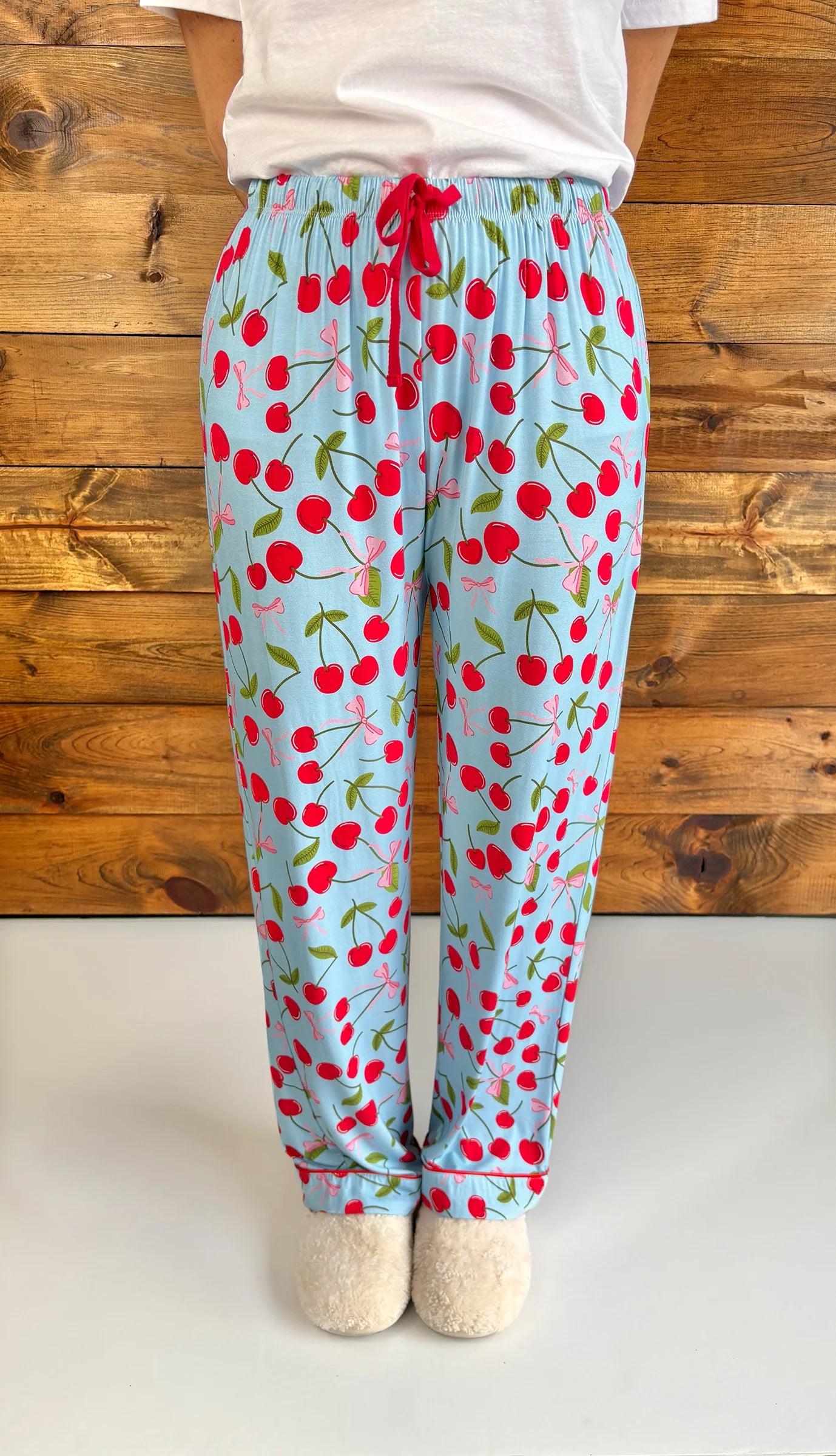 cherry pajamas, soft lounge pants, women's pajama bottoms, rayon spandex pjs, blue cherry print, drawstring sleepwear, gift for her, cute loungewear
at ooh la la in Grapevine TX 76051