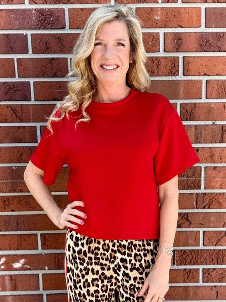 Soft Scuba Solid Crew Neck Tee In red at ooh la la! in Grapevine TX 76051