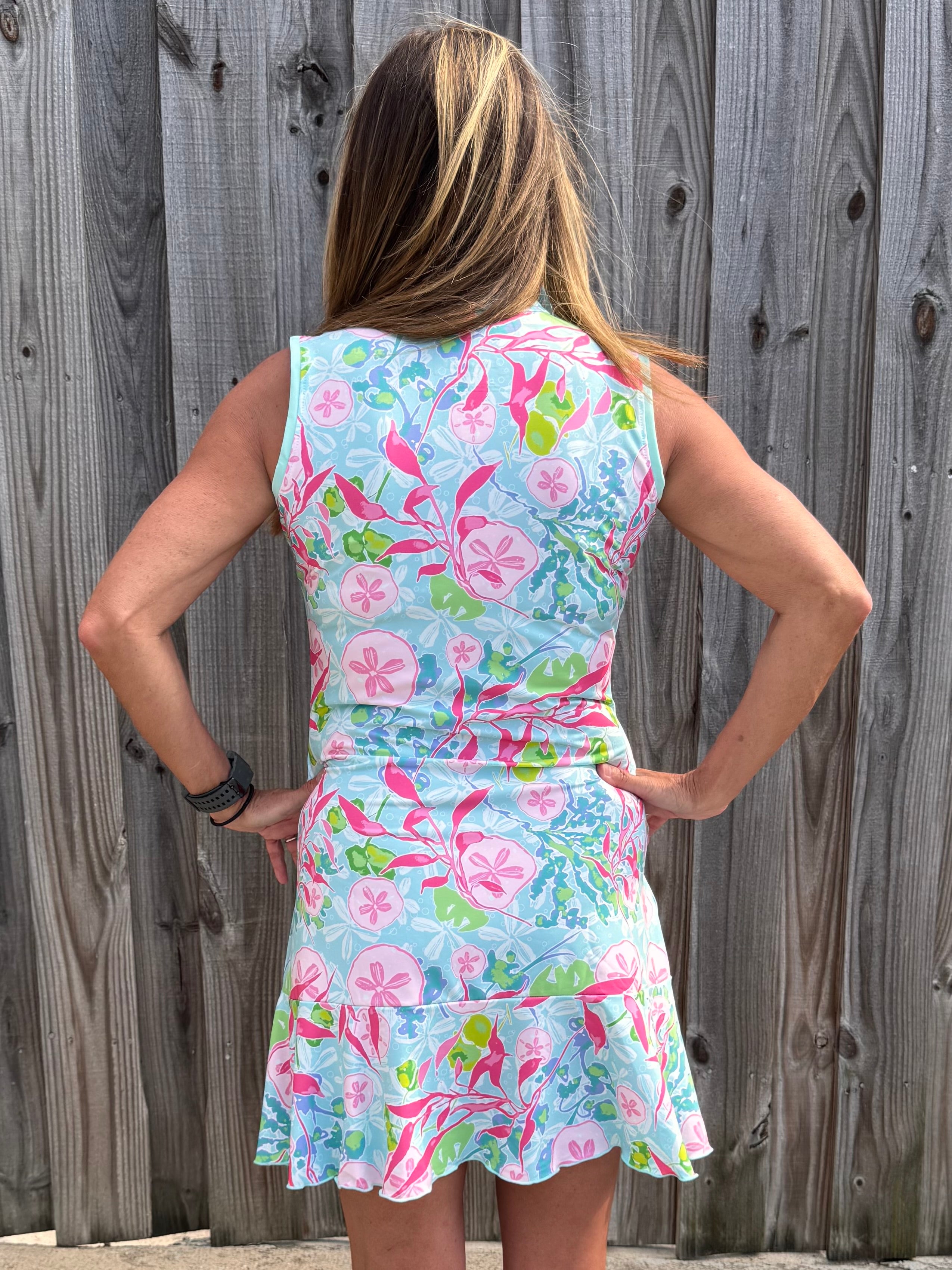 Ana Clare, Jackie Swing Dress, SPF 50 sport dress, golf dress with pockets, tennis dress with flounce, sun protection apparel, sleeveless athletic dress, women's performance dress, tropical resort wear. at ooh la la! in Grapevine TX 76051
